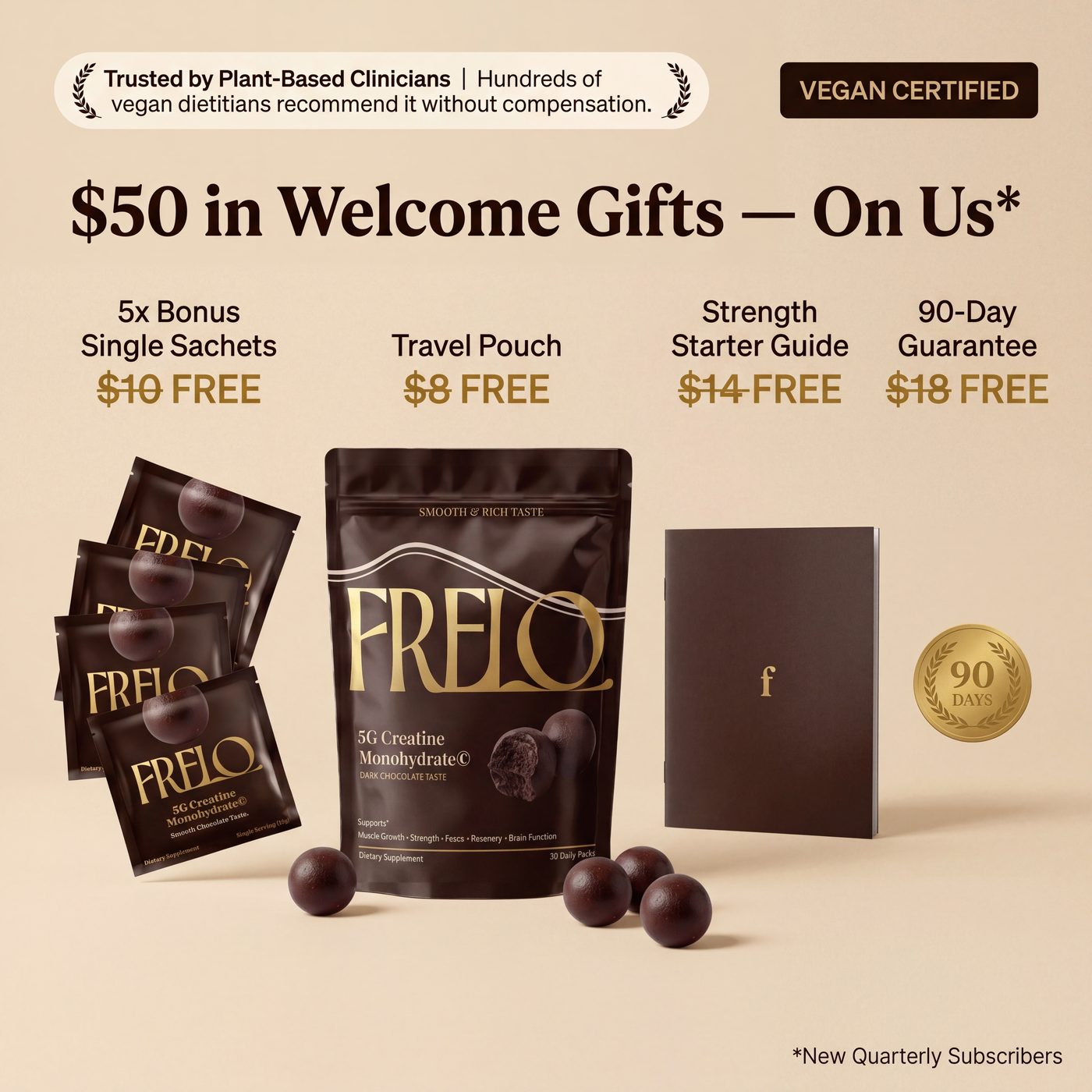 frelo creatine chocolate — $50 in welcome gifts
